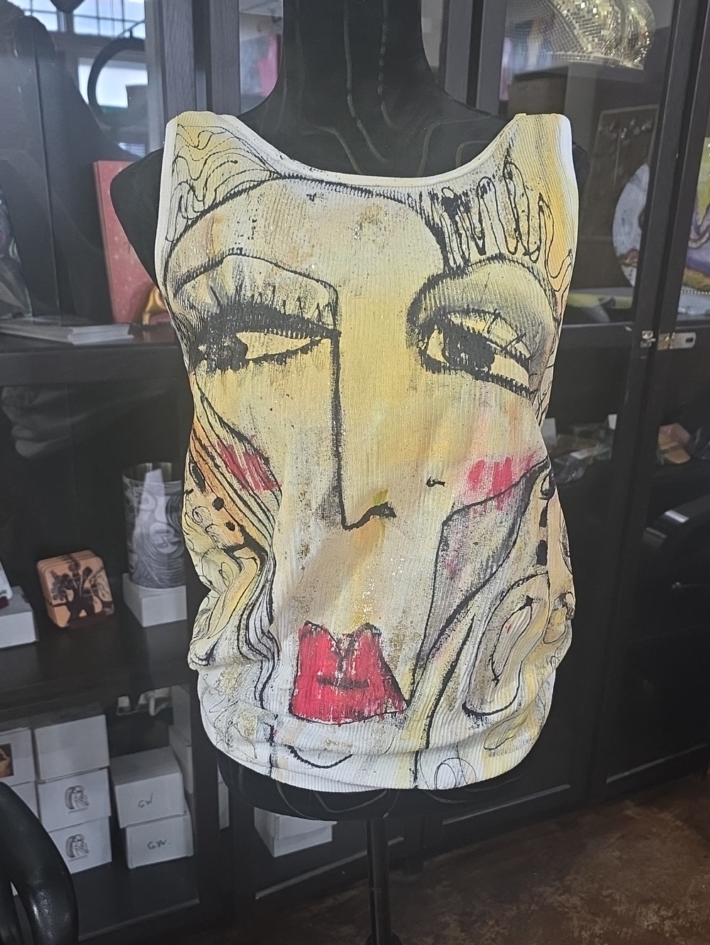 Custom Made Artistic Painted Face Sleeveless Tank Top - Yellow with Red Accents